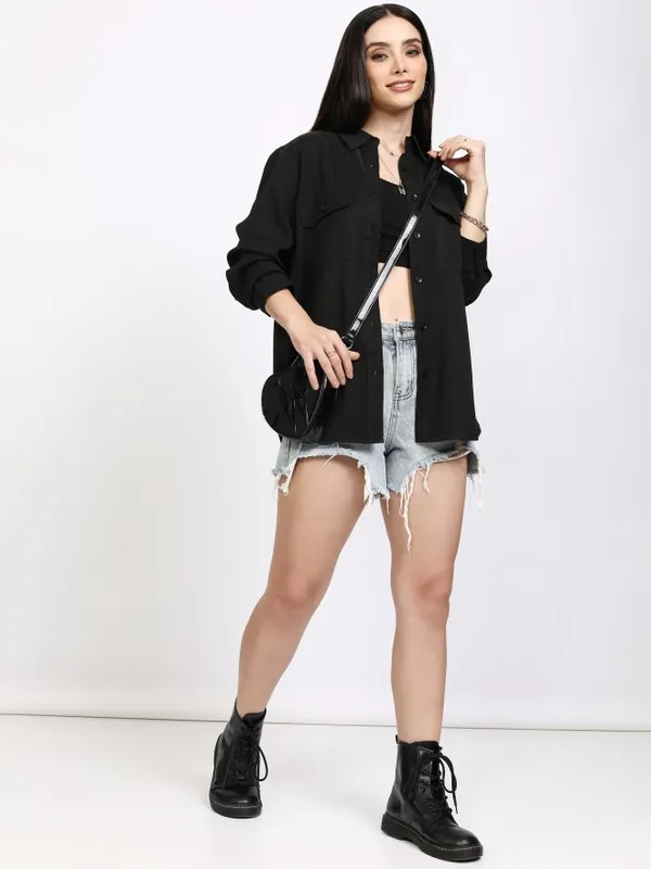 Tokyo Talkies Women Black Solid Casual Shirt