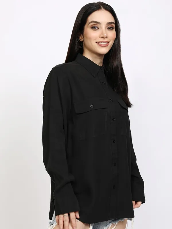 Tokyo Talkies Women Black Solid Casual Shirt