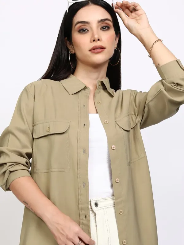Tokyo Talkies Women Beige Solid Casual Shirt