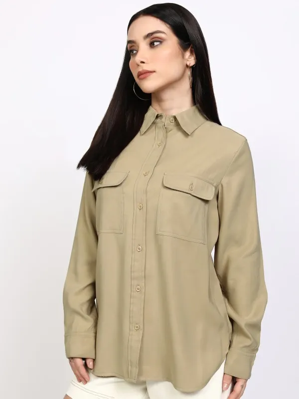 Tokyo Talkies Women Beige Solid Casual Shirt