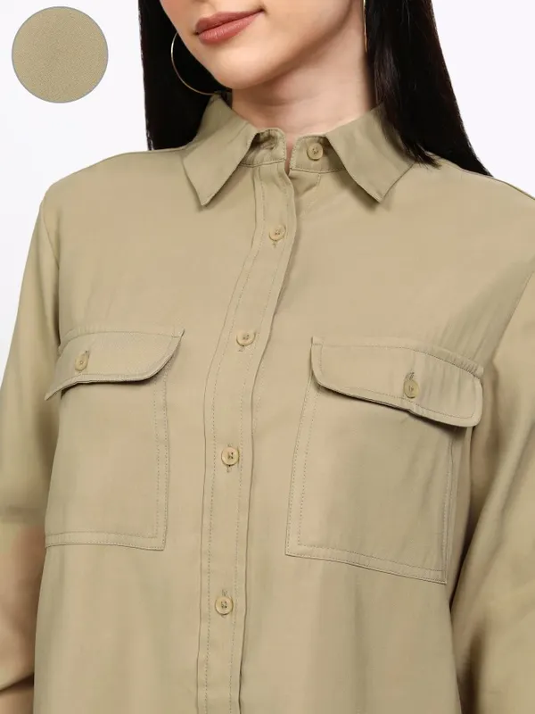 Tokyo Talkies Women Beige Solid Casual Shirt