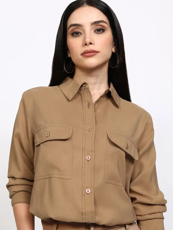 Tokyo Talkies Women Taupe Solid Regular Fit Casual Shirt