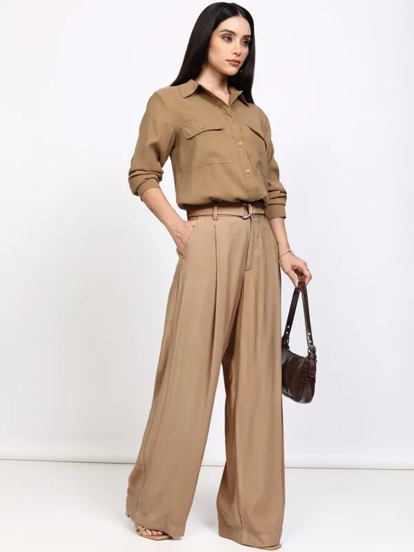 Tokyo Talkies Women Taupe Solid Regular Fit Casual Shirt