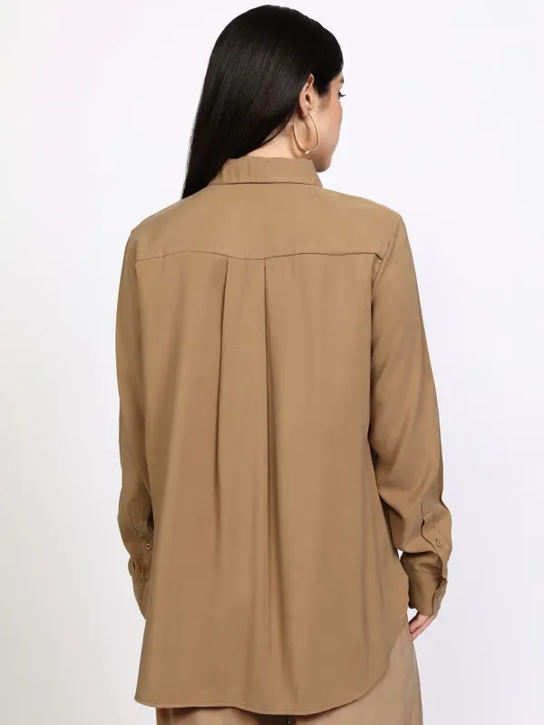 Tokyo Talkies Women Taupe Solid Regular Fit Casual Shirt