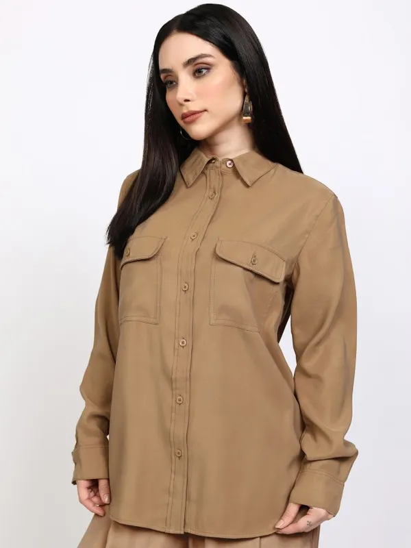 Tokyo Talkies Women Taupe Solid Regular Fit Casual Shirt