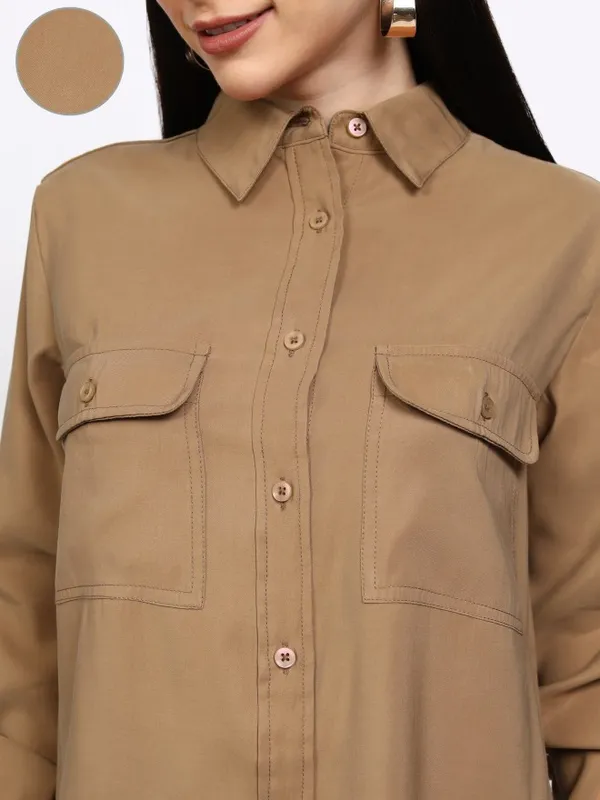 Tokyo Talkies Women Taupe Solid Regular Fit Casual Shirt