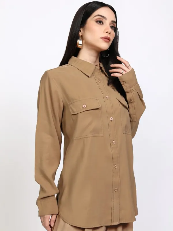 Tokyo Talkies Women Taupe Solid Regular Fit Casual Shirt