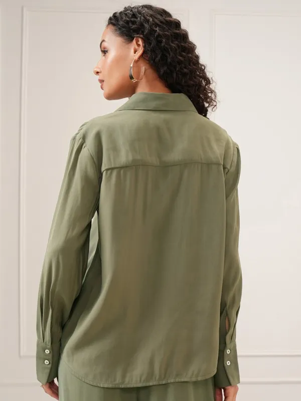 Tokyo Talkies Women Olive Solid Regular Fit Casual Shirt