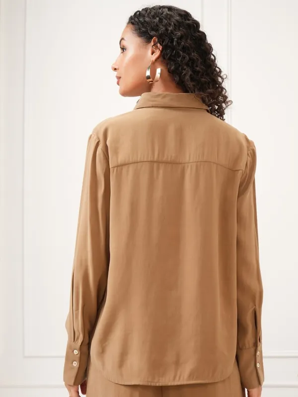 Tokyo Talkies Women Taupe Solid Regular Fit Casual Shirt
