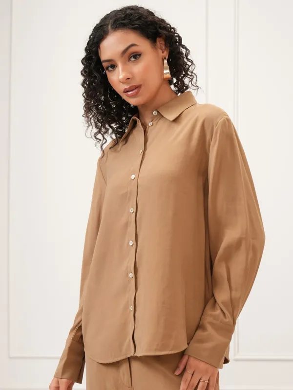 Tokyo Talkies Women Taupe Solid Regular Fit Casual Shirt