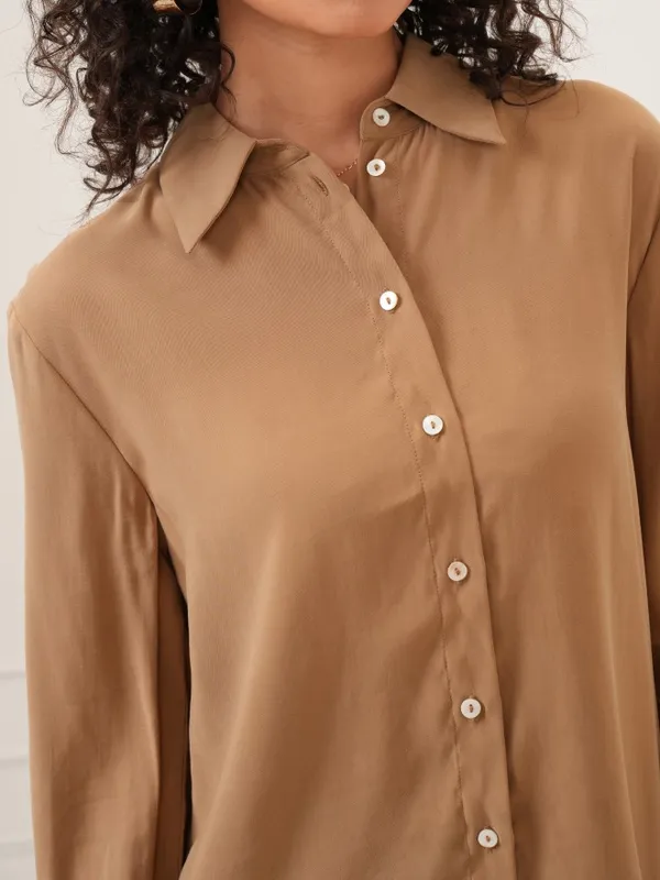 Tokyo Talkies Women Taupe Solid Regular Fit Casual Shirt