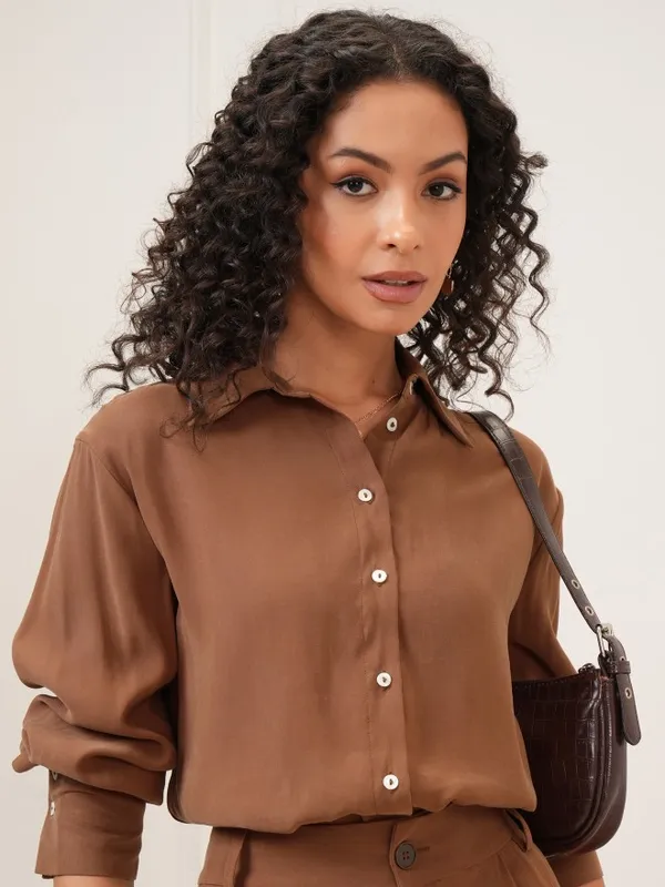 Tokyo Talkies Women Brown Solid Regular Fit Casual Shirt