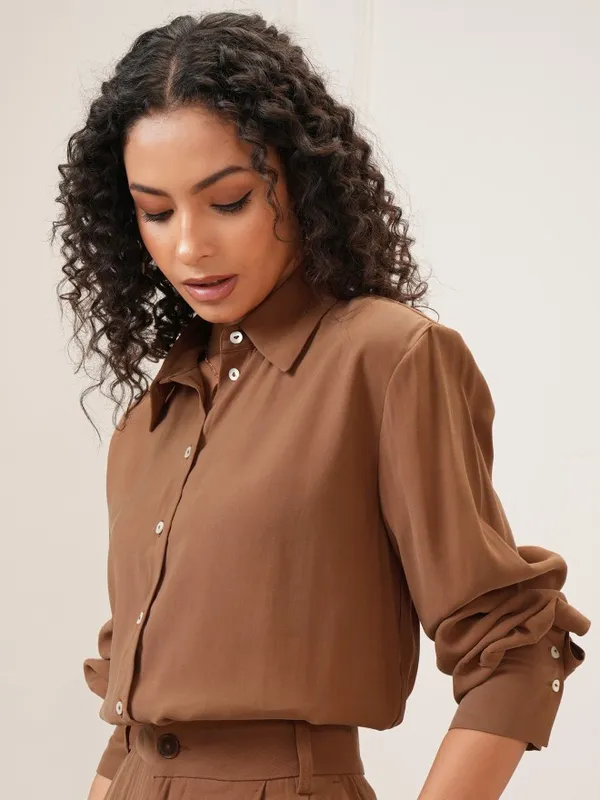 Tokyo Talkies Women Brown Solid Regular Fit Casual Shirt