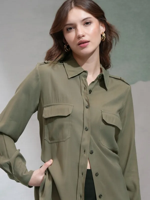 Tokyo Talkies Women Olive Solid Casual Shirt