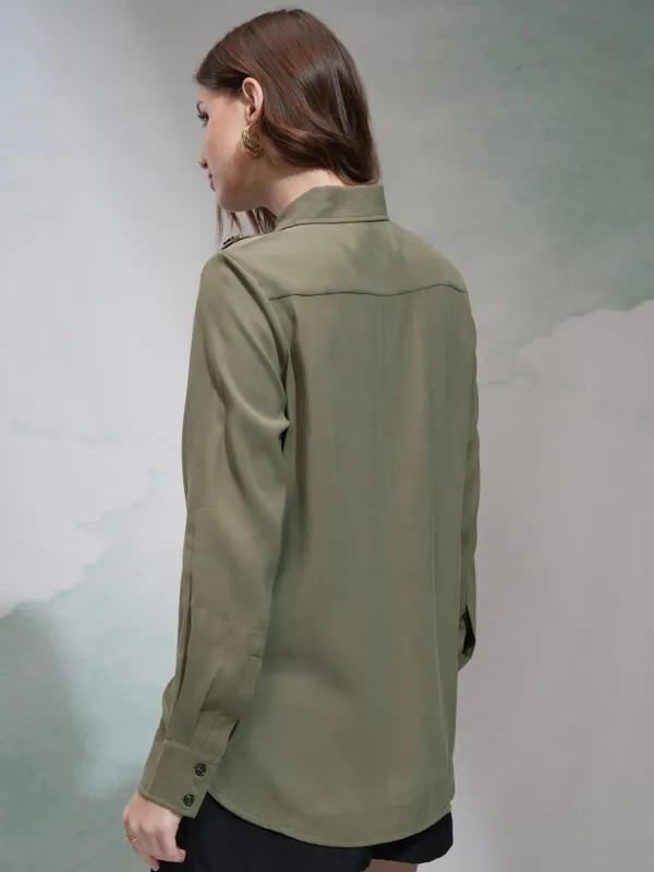 Tokyo Talkies Women Olive Solid Casual Shirt