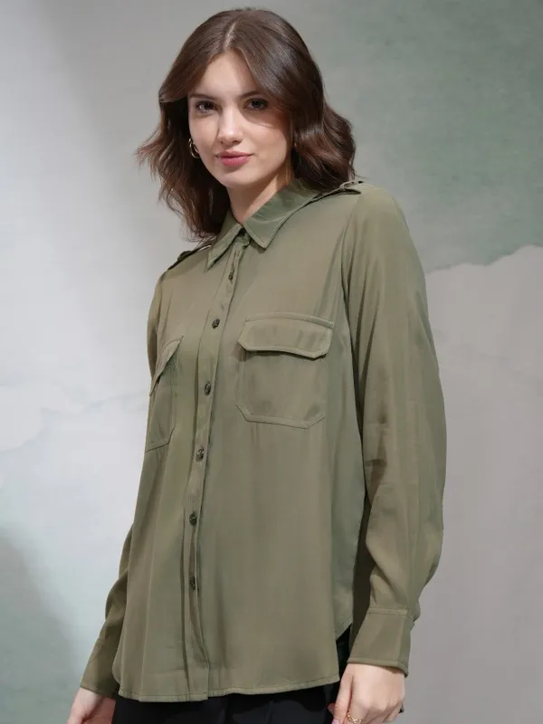 Tokyo Talkies Women Olive Solid Casual Shirt