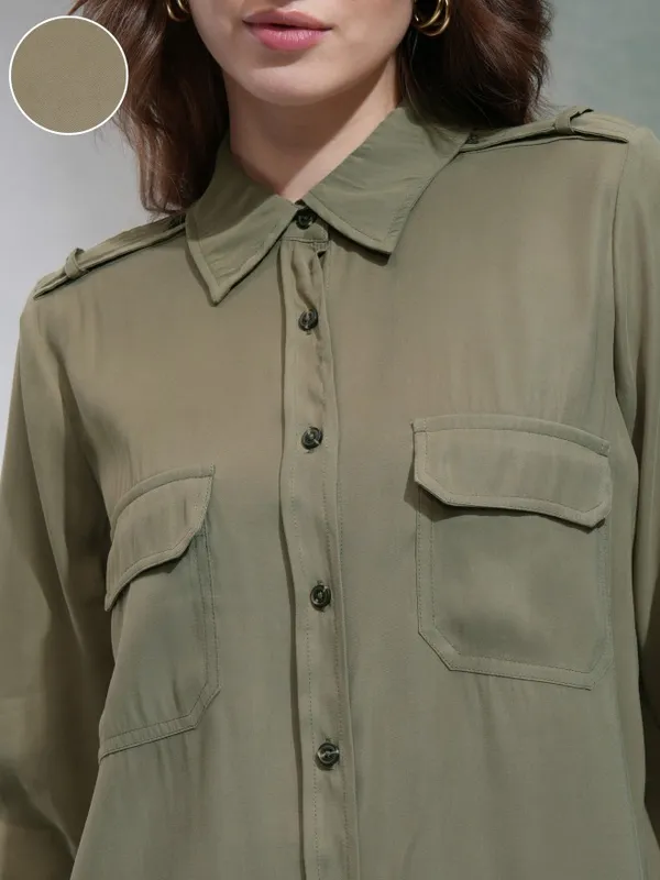 Tokyo Talkies Women Olive Solid Casual Shirt