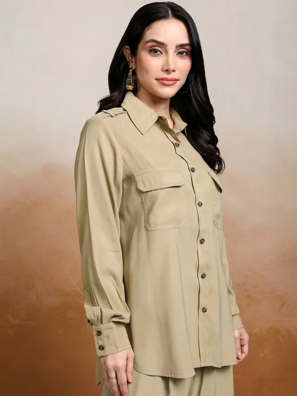 Tokyo Talkies Women Beige Solid Casual Shirt