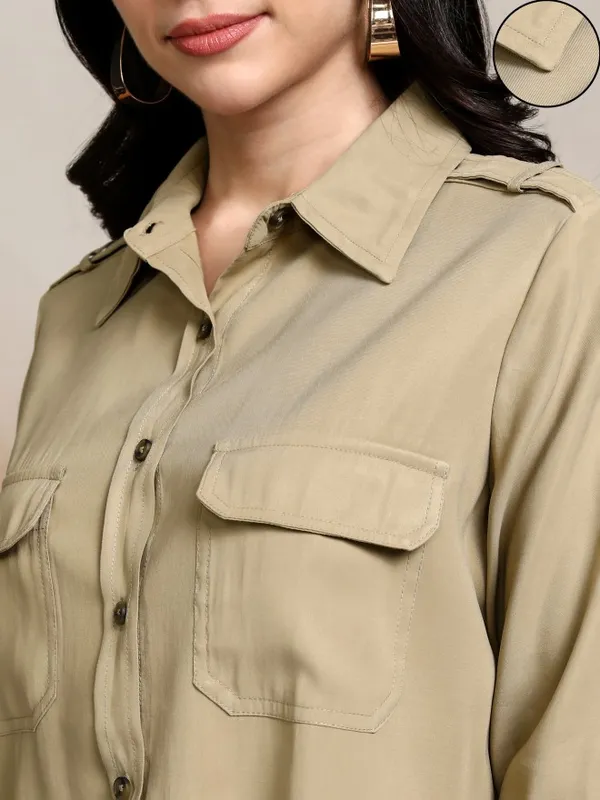 Tokyo Talkies Women Beige Solid Casual Shirt