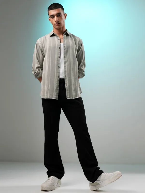 Highlander Men Grey Striped Relaxed Fit Casual Shirt
