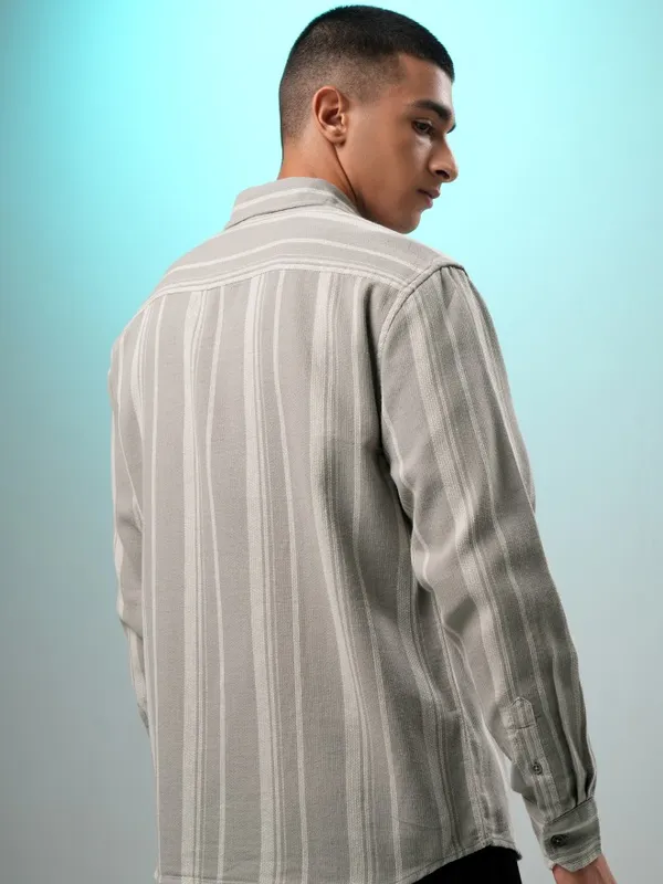 Highlander Men Grey Striped Relaxed Fit Casual Shirt