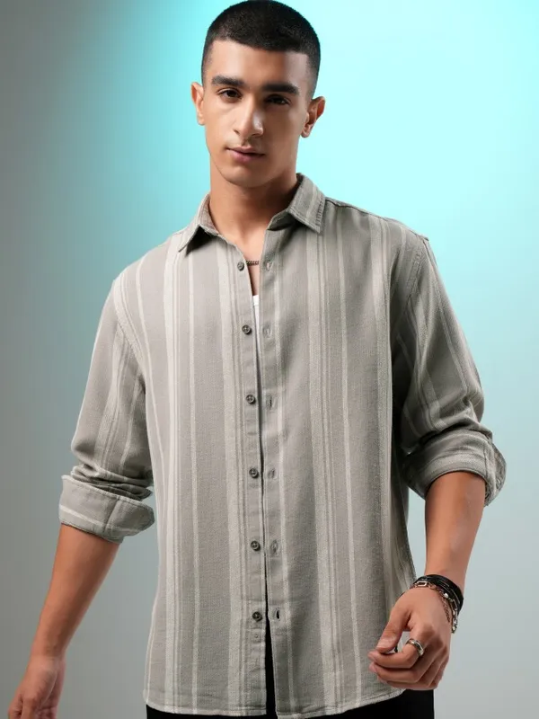 Highlander Men Grey Striped Relaxed Fit Casual Shirt