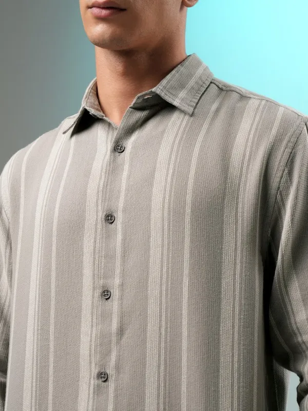 Highlander Men Grey Striped Relaxed Fit Casual Shirt