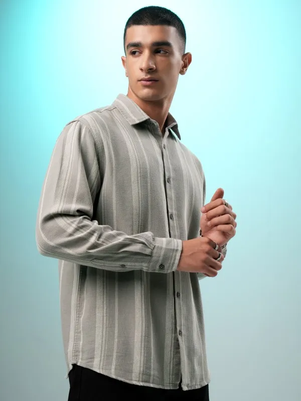 Highlander Men Grey Striped Relaxed Fit Casual Shirt