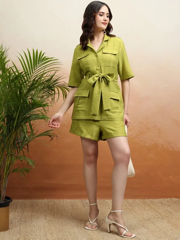 Vishudh Women Lime Green Coat With Shorts Co-Ords