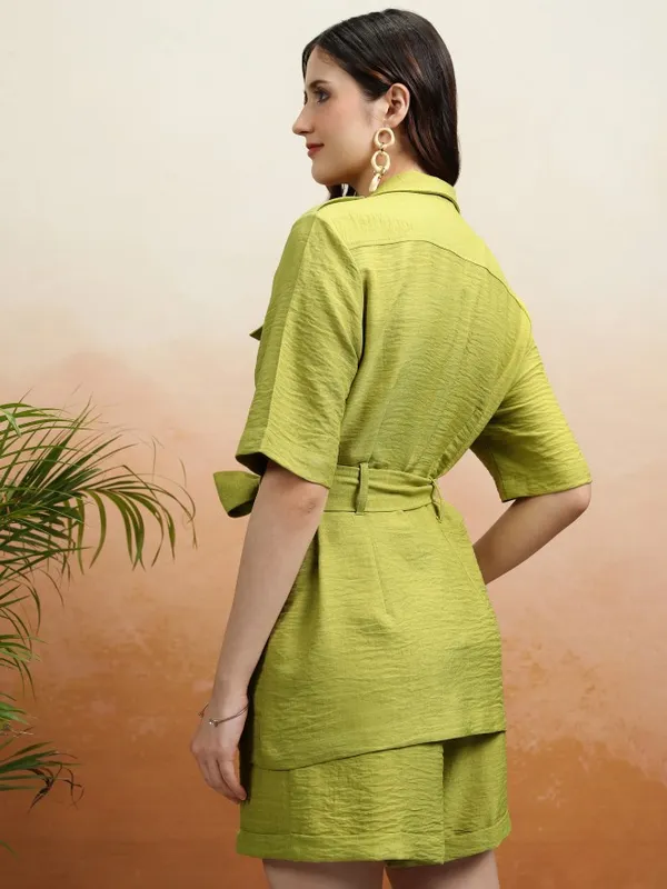 Vishudh Women Lime Green Coat With Shorts Co-Ords
