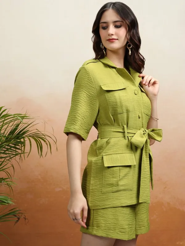 Vishudh Women Lime Green Coat With Shorts Co-Ords