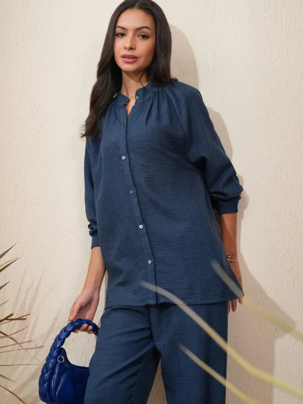 Vishudh Women Navy Blue Shirt With Trousers Co-Ords