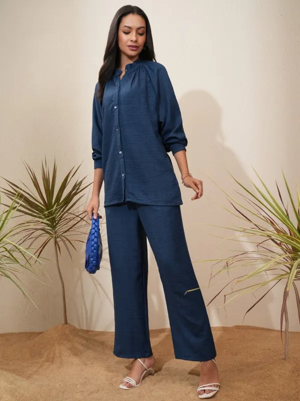 Vishudh Women Navy Blue Shirt With Trousers Co-Ords