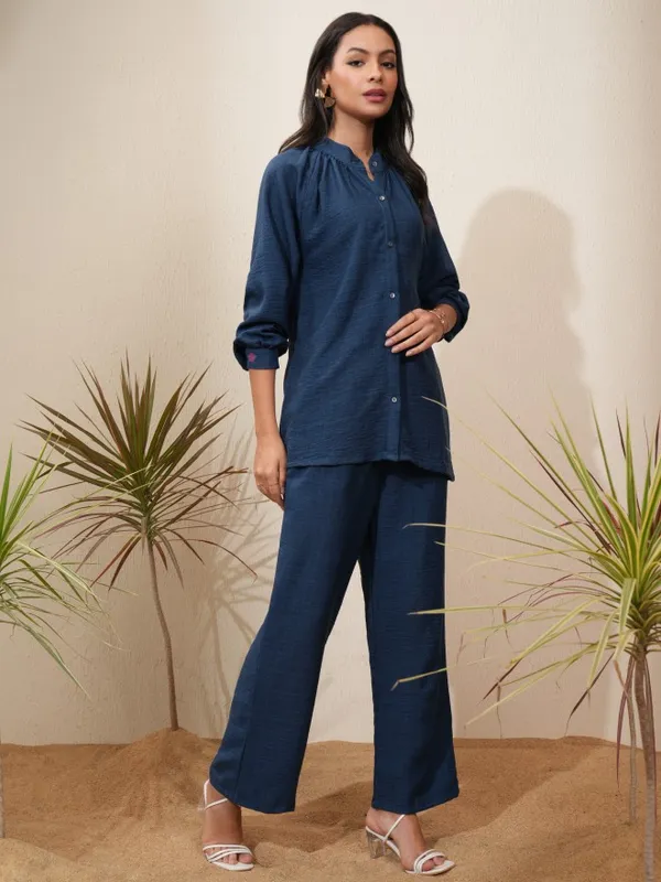 Vishudh Women Navy Blue Shirt With Trousers Co-Ords
