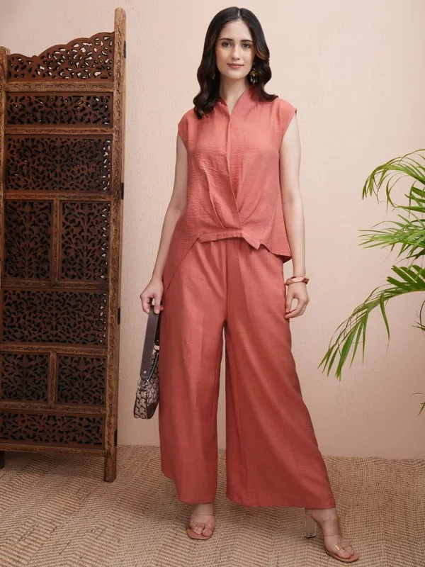 Vishudh Women Rust Top With Trousers Co-Ords