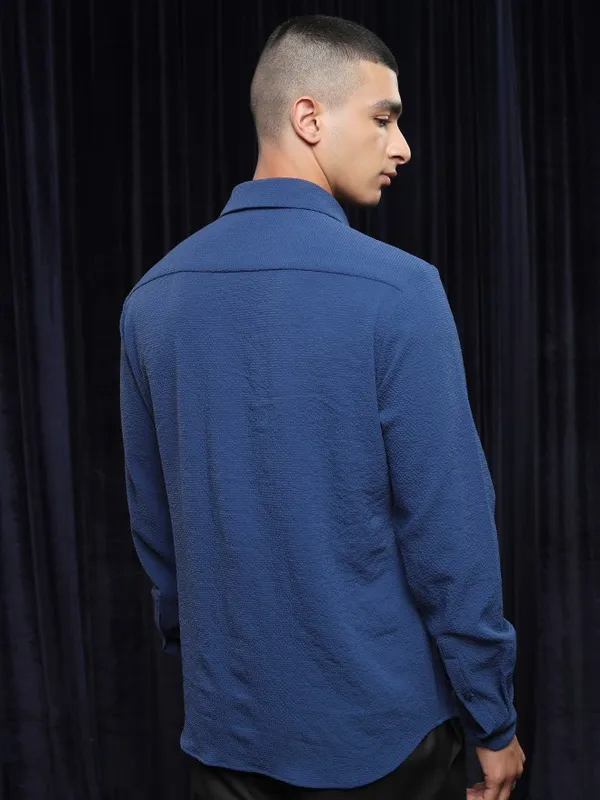 Ketch Men Blue Textured Slim Fit Casual Shirt