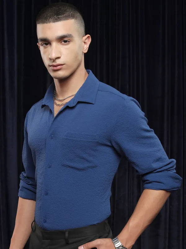 Ketch Men Blue Textured Slim Fit Casual Shirt