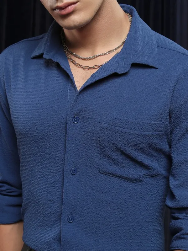 Ketch Men Blue Textured Slim Fit Casual Shirt