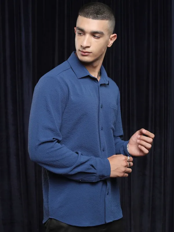 Ketch Men Blue Textured Slim Fit Casual Shirt
