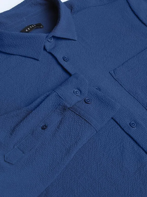 Ketch Men Blue Textured Slim Fit Casual Shirt