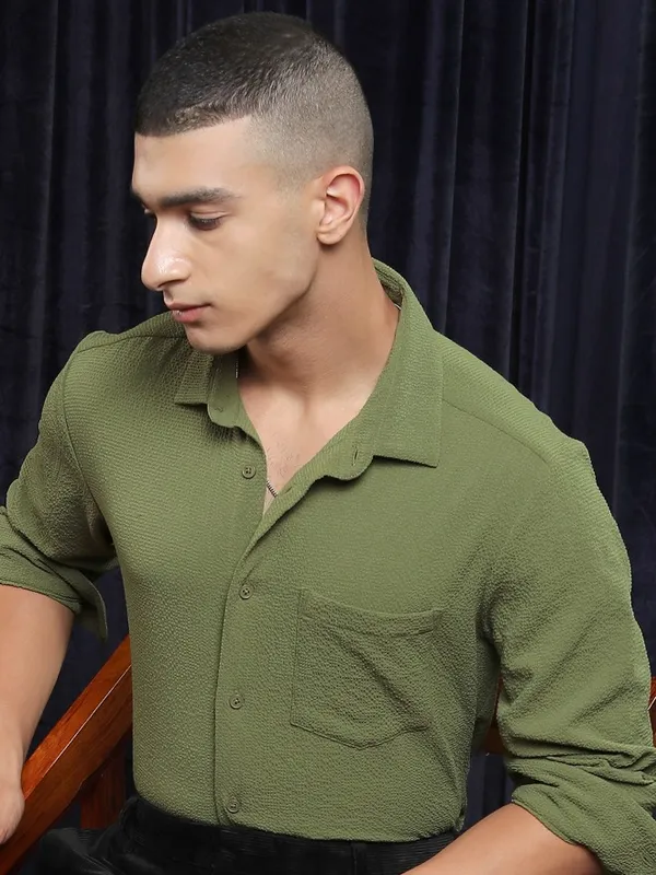 Ketch Men Olive Textured Slim Fit Casual Shirt