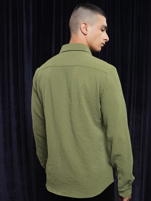 Ketch Men Olive Textured Slim Fit Casual Shirt