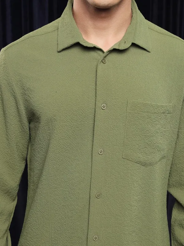 Ketch Men Olive Textured Slim Fit Casual Shirt