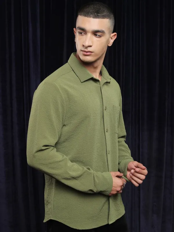 Ketch Men Olive Textured Slim Fit Casual Shirt