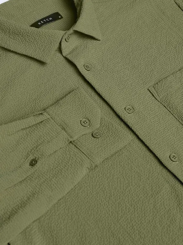 Ketch Men Olive Textured Slim Fit Casual Shirt