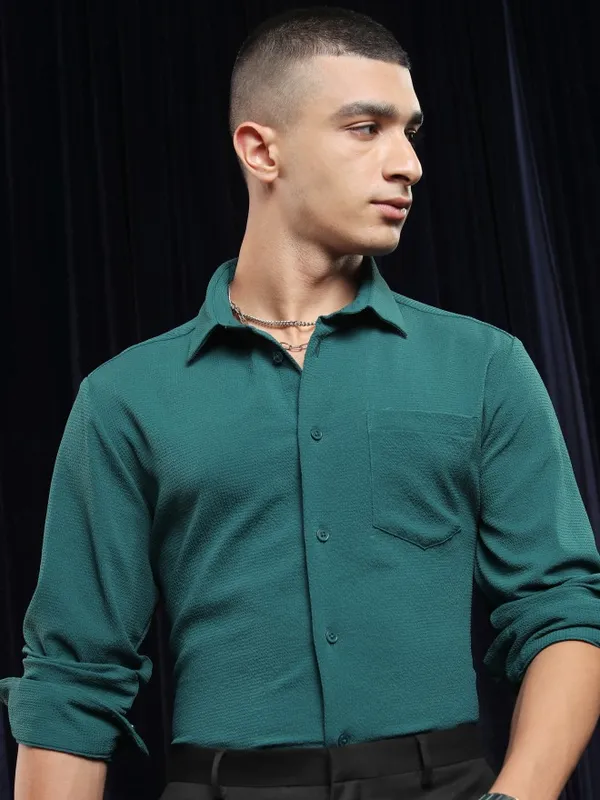 Ketch Men Teal Solid Slim Fit Casual Shirt
