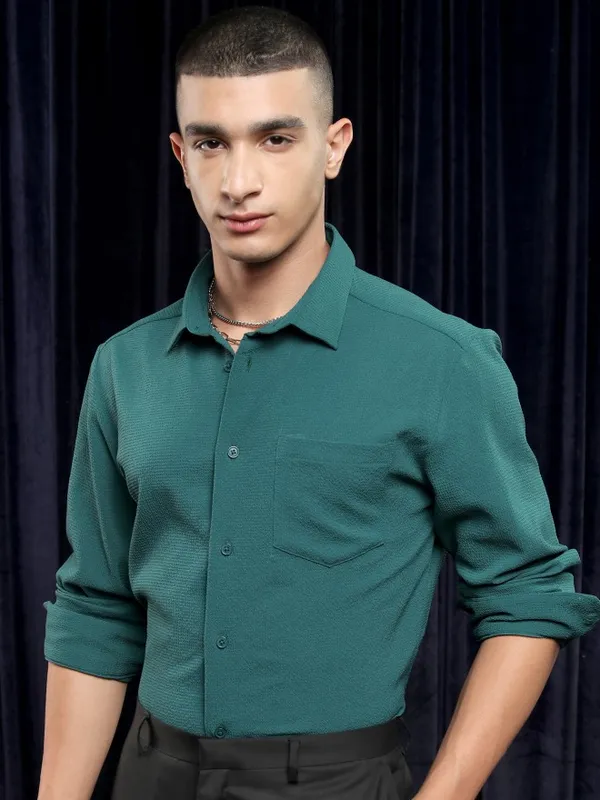 Ketch Men Teal Solid Slim Fit Casual Shirt