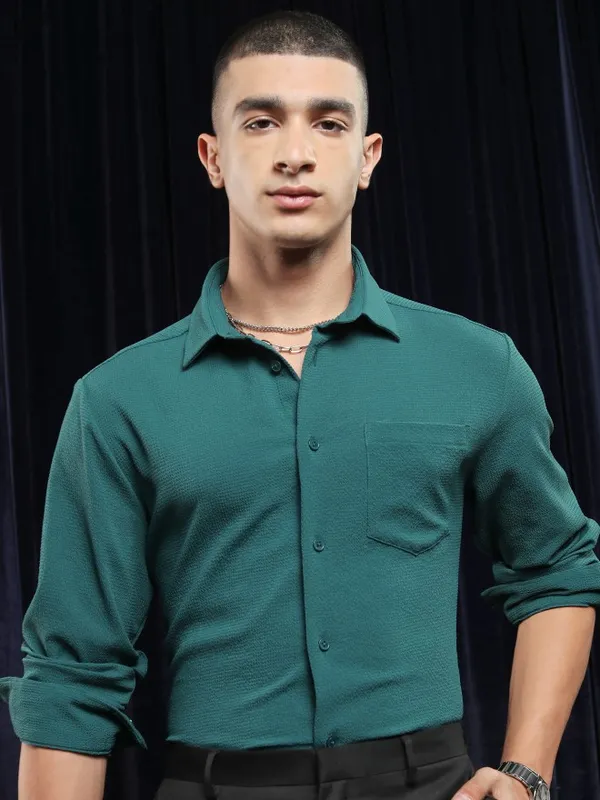 Ketch Men Teal Solid Slim Fit Casual Shirt