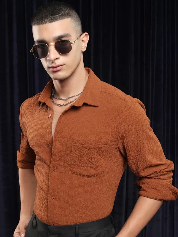 Ketch Men Rust Textured Slim Fit Casual Shirt