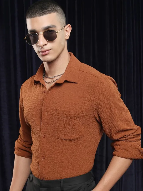 Ketch Men Rust Textured Slim Fit Casual Shirt